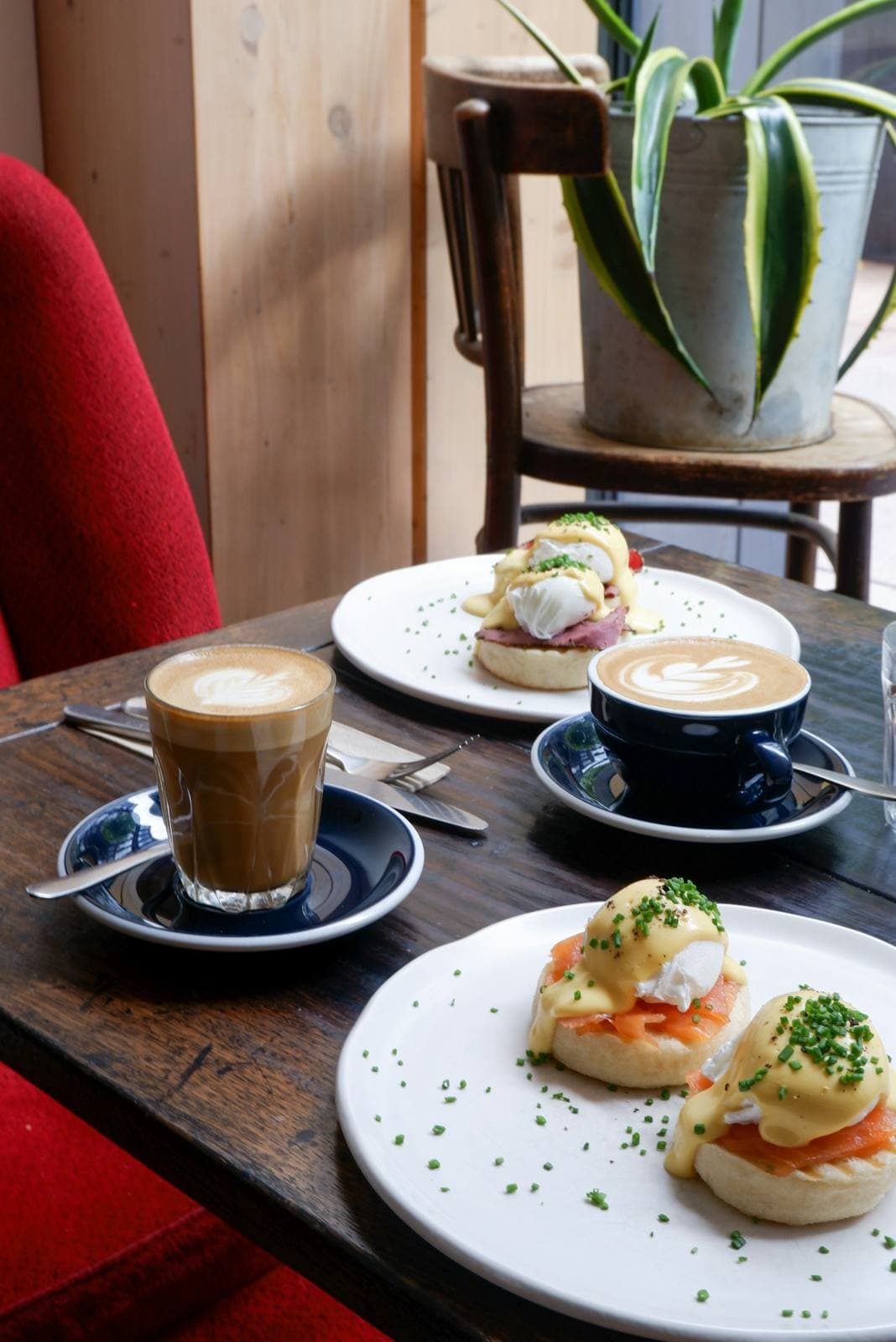 Brunch mit Eggs Benedict und Kaffee
